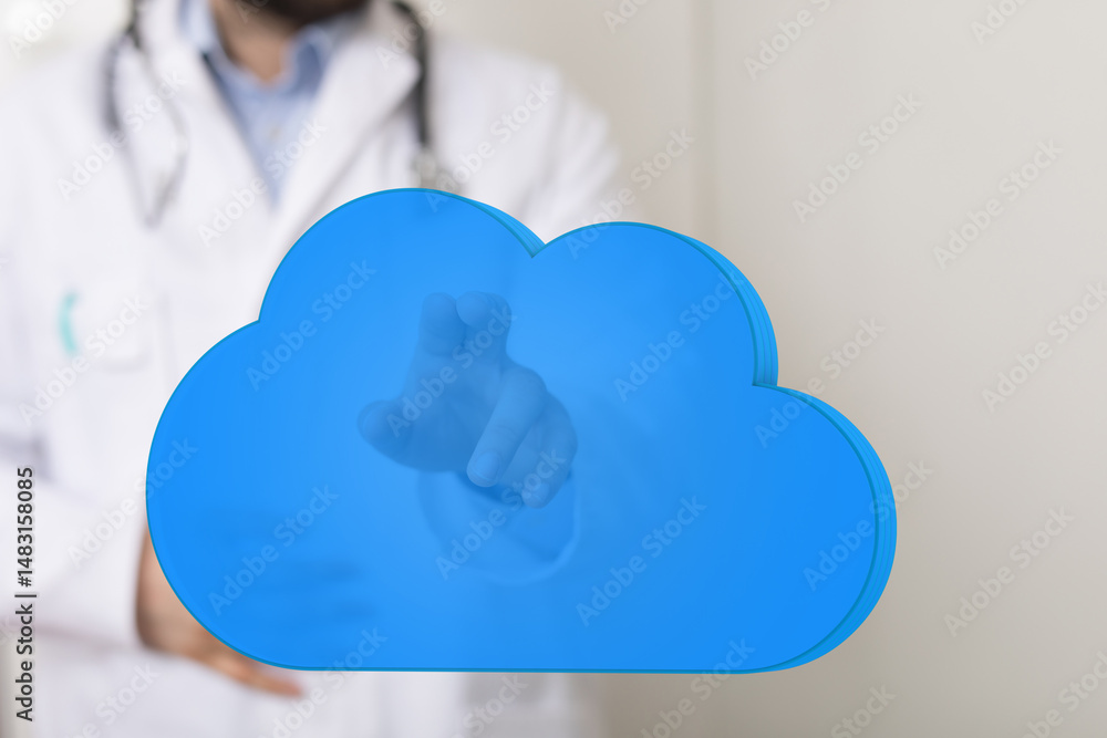 Poster Secure cloud computing for healthcare.  Doctor accessing patient data.