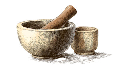 Stone mortar and pestle for grinding spices.