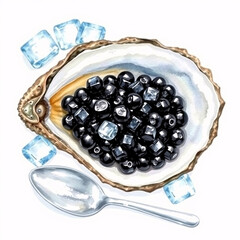 Black caviar in a glass bowl with ice cubes on a white background