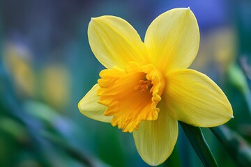 Fototapeta premium Single Daffodil in Vivid Yellow with Blurred Spring Scene 