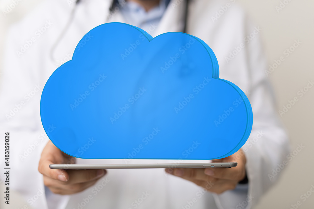 Aufkleber image of a doctor holding a tablet with a cloud computing icon, representing healthcare technology a
