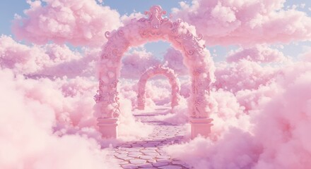 Fototapeta premium Walking Through Pink Clouds and Ornate Arches Dreamy Sky Path
