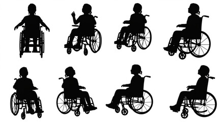 Set of vector silhouette of a child sitting in a wheelchair on a white background.
