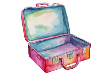Open suitcase, watercolor clipart illustration with isolated background