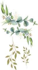 The image features delicate watercolor botanical elements, showcasing lush green leaves, soft floral accents, and natural tones. It portrays a peaceful, organic arrangement perfect for nature-themed d