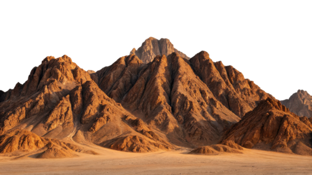 Rugged brown mountains rise sharply from a barren desert under a stark black sky, creating a dramatic and striking landscape.