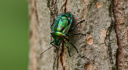 Fototapeta premium Bug Climbing on Tree Bark with Iridescent Green Coloring