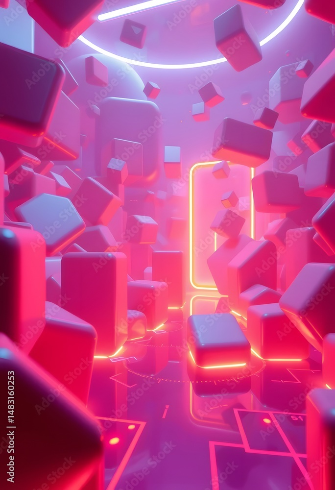 Poster dynamic abstract shapes, glowing neon light display, digital space with futuristic design. constant 