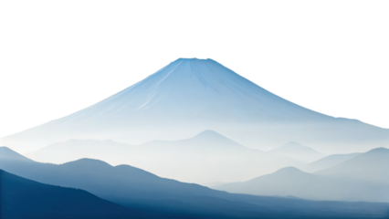 A serene, misty mountain landscape with layered blue ridges and a prominent peak against a black sky.