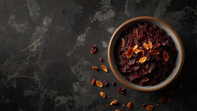 Flat Lay of Urfa Biber Flakes, Isot Pepper, Turkish Cuisine Spice in a Small Bowl on Dark Stone Surface