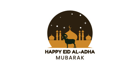 Eid Al-Adha Mubarak Greeting with Ram Silhouette and Mosque at Night for Islamic Festiva