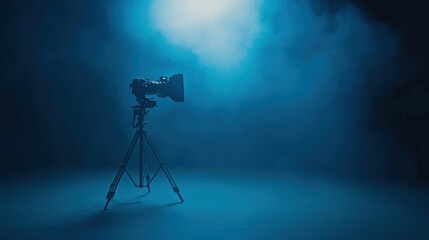 Camera on Tripod in Blue Studio Setting