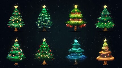 Fototapeta premium Holiday season tree icons with twinkling lights, bright ornaments, and colorful stars picture