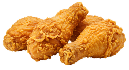 set of 4 Crispy Fried Chicken Drumsticks Isolated on White background, Golden Crunchy Fried Chicken Pieces on white background, crispy fried chicken pieces