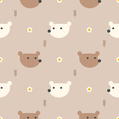 Face bear cartoon so cute. On flower background. Pattern seamless vector illustration. 