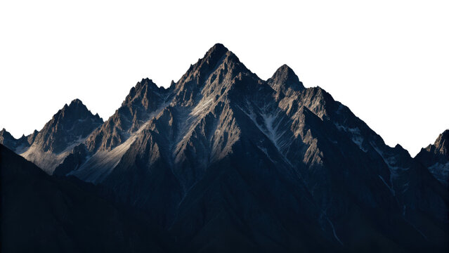Dramatic snow-capped mountain peaks illuminated by sunlight against a stark black sky.
