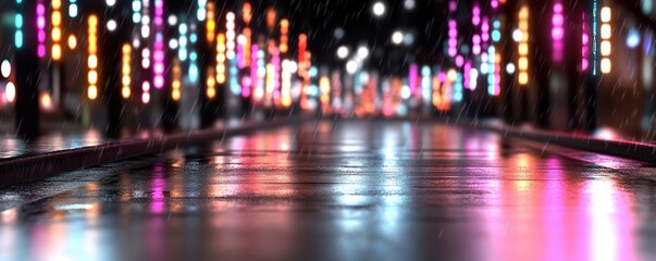 City street reflection on wet pavement during rain with abstract colorful lights background