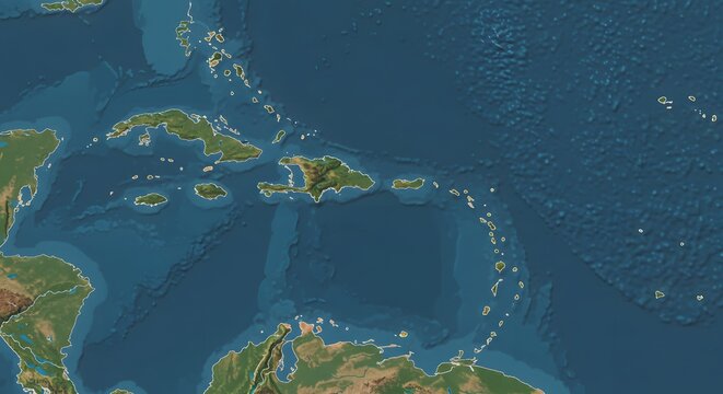 Caribbean Islands Map Illustration Showing Land and Ocean Depths