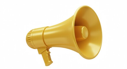 Bright yellow megaphone on a white background, symbolizing communication and announcements