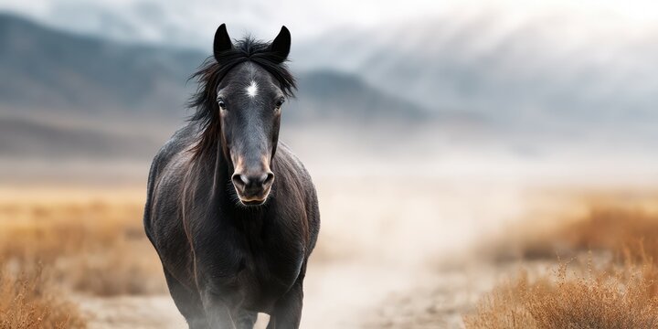 Majestic black horse walking through misty grassland during early morning in a serene mountain landscape