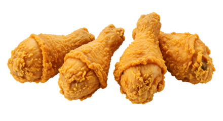 set of 4 Crispy Fried Chicken Drumsticks Isolated on White background, Golden Crunchy Fried Chicken Pieces on white background, crispy fried chicken pieces