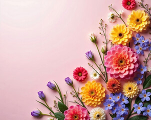 Colorful spring flowers on pastel pink background
