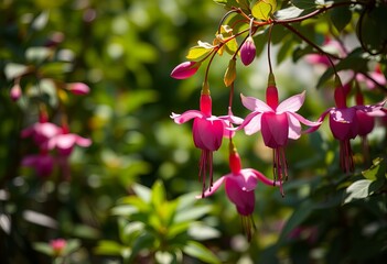 Fuchsias in a shaded garden.