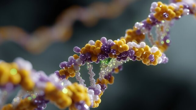 An animated visualization of DNA with luminescent beads representing genetic codes that pulse and change color demonstrating the dance of evolution and the potential of artificial general