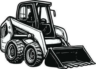 Naklejka premium Black-and-white line drawing of a front-facing tractor with large wheels and a prominent front blade, designed for heavy-duty construction and farming tasks, symbolizing strength and utility