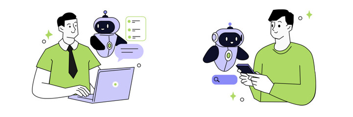 Artificial intelligence or AI technology set. Characters using artificial intelligence generative tools for business tasks, content creation, marketing, automation. Vector illustration