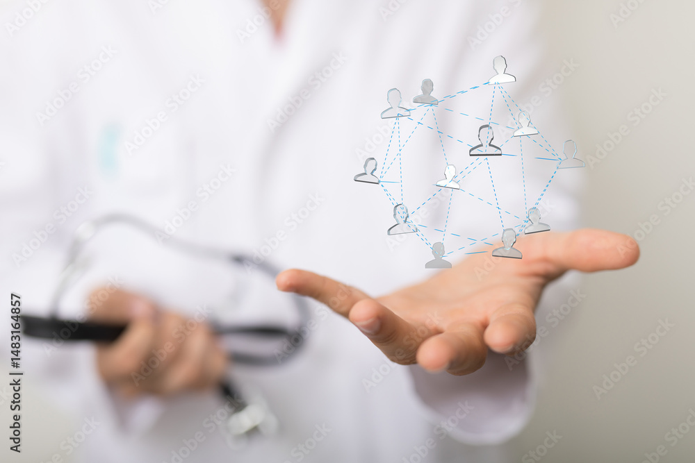 Aufkleber image of a doctor's hand displaying a network representing patient care and connection.