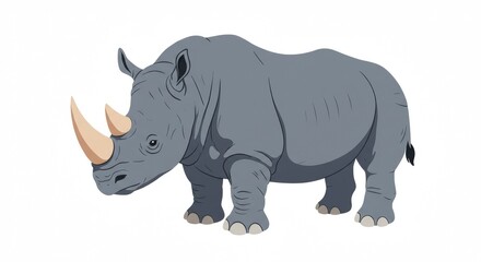 Cartoon illustration of a rhinoceros standing on a plain white background, showcasing its features