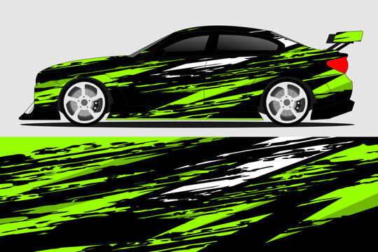 Racing car with vibrant green design on grey background