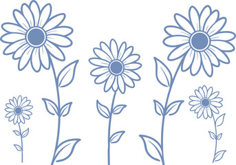 Seamless floral pattern with hand-drawn daisies in soft blue outline on white background. Cheerful botanical illustration for spring themes. Perfect for fabrics, wrapping, and nature-inspired design.