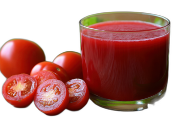 Glass of tomato juice with fresh tomatoes, isolated on transparent background.