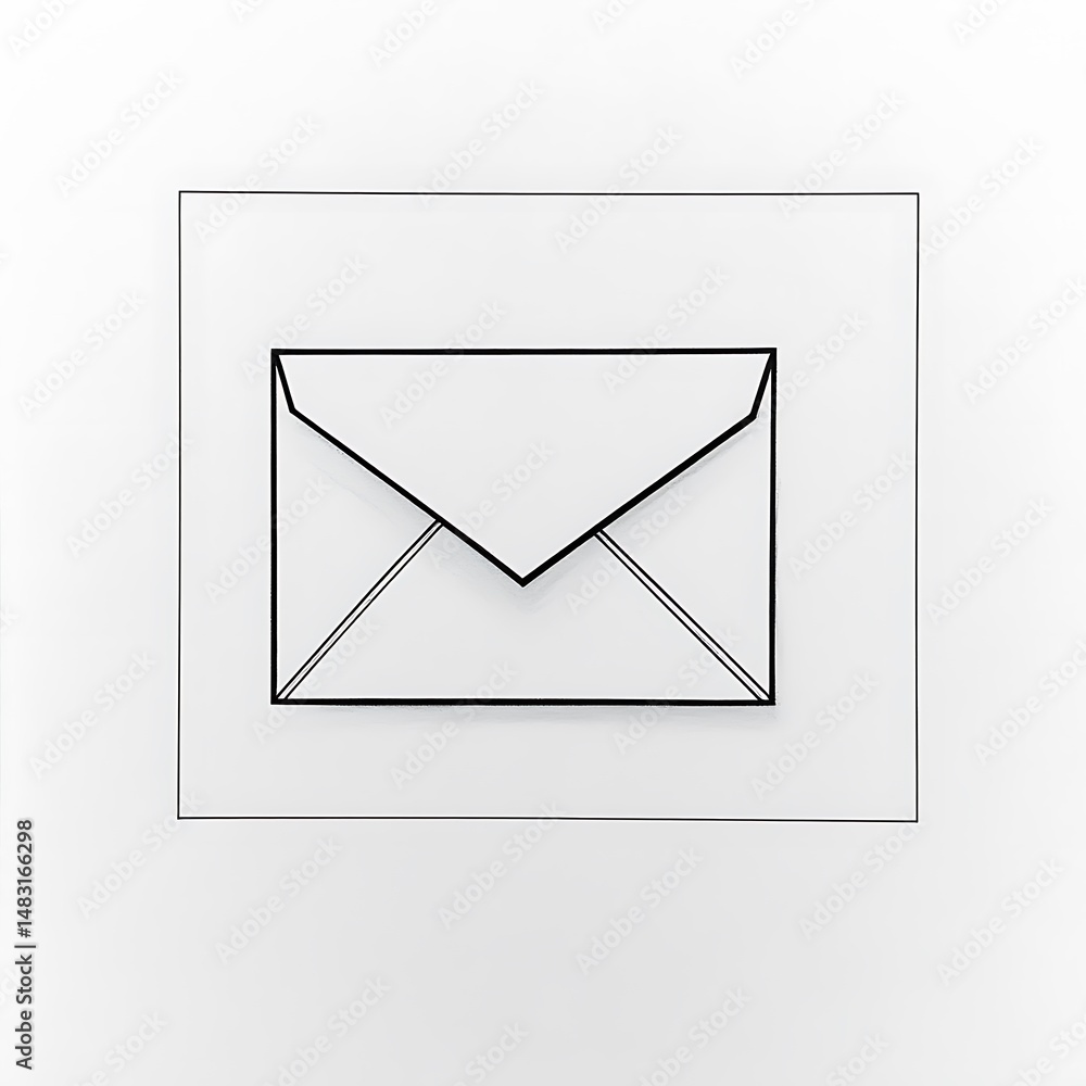 Poster minimalist correspondence: black and white outline of an envelope on a clean surface, suitable for c