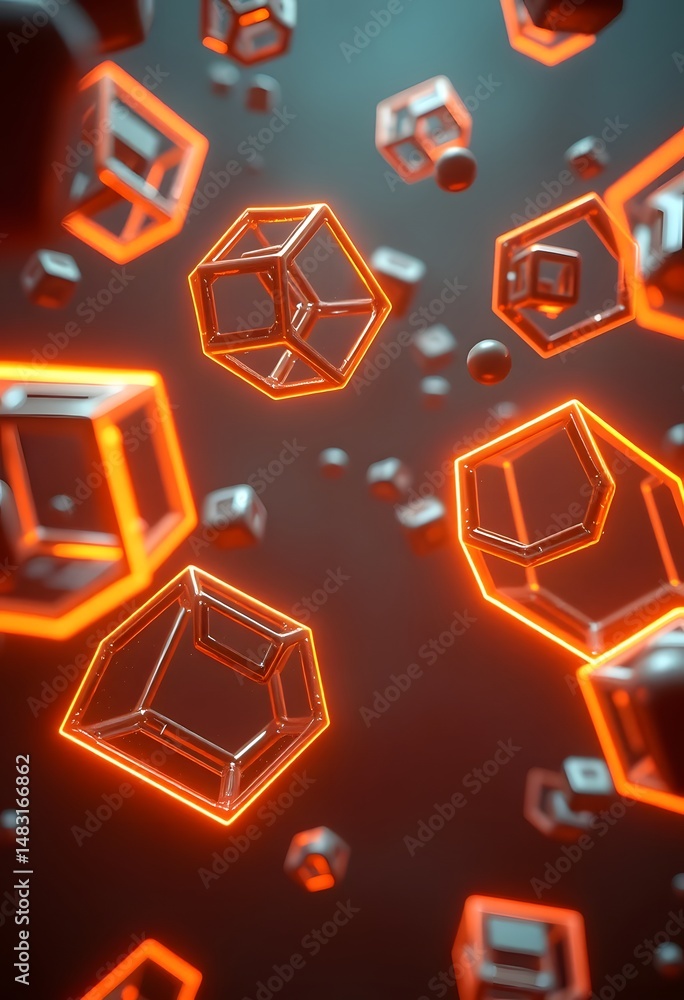 Fototapete Abstract Structures In Space, Three-dimensional Shapes. Glowing Outlines Create A Futuristic Scene. Floating Forms And Subtle Movement Evoke Wonder. Perfect For Technology Or Conceptual Projects.