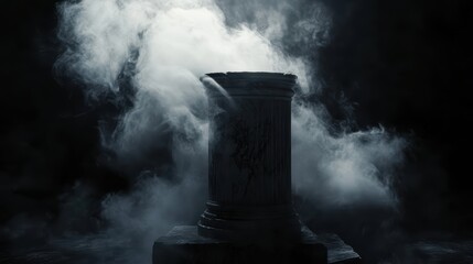 Mysterious Ancient Column Surrounded by Dramatic Fog and Dark Atmosphere in a Dimly Lit Scene