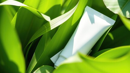 Blank tube among lush green leaves.