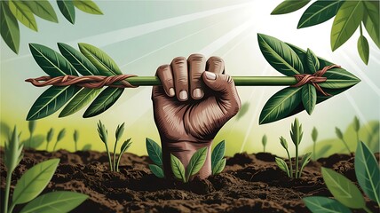 Green Arrow of Growth: A powerful fist emerges from fertile earth, gripping a leafy arrow symbolizing growth, sustainability, and environmental action.