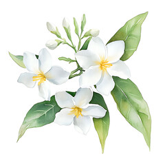Obraz premium Watercolor white flower bouquet with green leaves and yellow stamens on transparent background