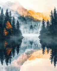 Misty morning reflection on a tranquil lake surrounded by evergreen trees and mountains at sunrise