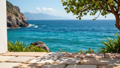beige stone pavement texture with ocean in background coastal outdoor setting natural material surface design lifestyle concept scene