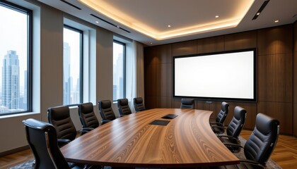 Fototapeta premium stylish corporate conference room featuring a long wooden table black leather chairs and a large blank presentation screen ideal for mockups and presentations corporate environment background professi