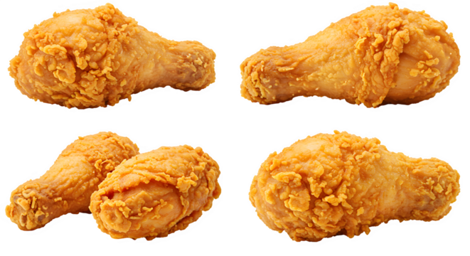 set of 4 Crispy Fried Chicken Drumsticks Isolated on White background, Golden Crunchy Fried Chicken Pieces on white background, crispy fried chicken pieces