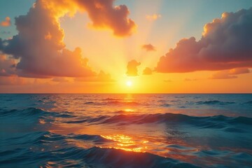 Fototapeta premium Golden sunset over a calm ocean, summer vacation vibes , clouds, vibrant, sea