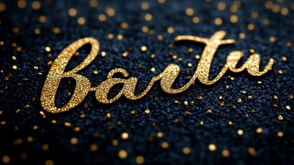 Gold glitter text on dark navy background