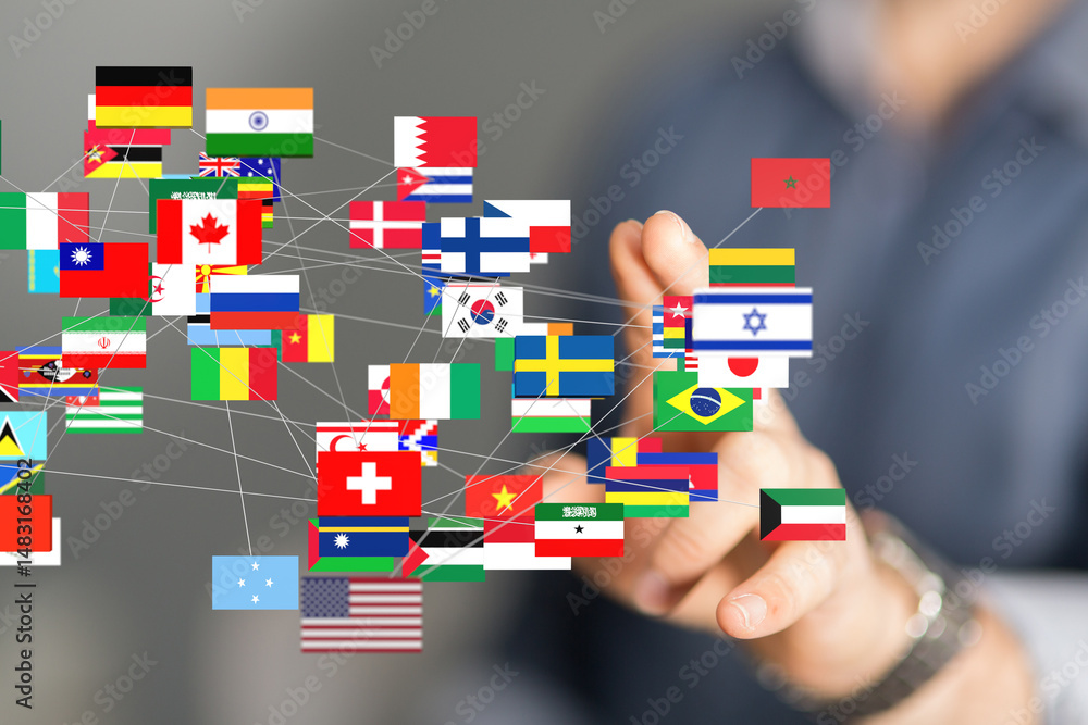 Poster image of interconnected flags representing global collaboration and international business.