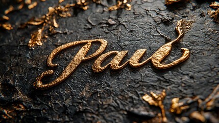 Gold name on dark textured surface