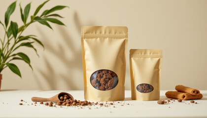 eco friendly product mockup with brown and black natural packaging set against a neutral background, showcasing sustainable design and natural materials